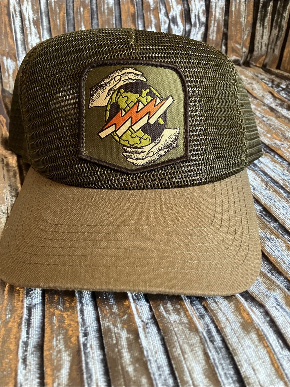 Men's Olive Mesh Trucker Cap with Globe Patch